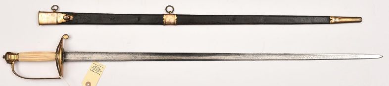 A 1786 style infantry officer’s sword, straight, fullered SE blade 32”, marked ‘J (J Run)kel (