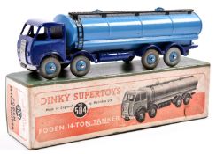 A Dinky Supertoys Foden 14-Ton Tanker (504). Dark blue chassis and cab, light blue flash with