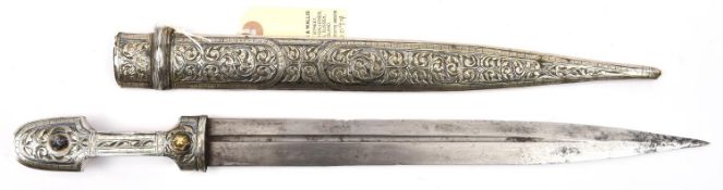 An Eastern silver mounted kindjal, slender blade 13”, with offset central fullers, sheet silver