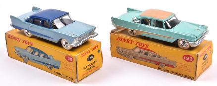 2 Dinky American Cars. Plymouth Plaza (178). In two tone blue. Plus a De Soto Fireflite Sedan (192