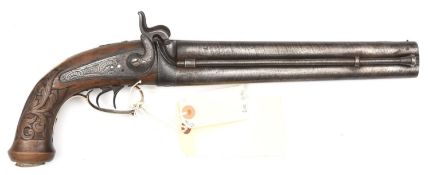 A Belgian DB O&U 16 bore percussion holster pistol, 16½” overall, twist barrels 10” with Liege