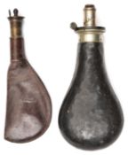 A leather covered powder flask, WM patent top ‘Quick Loading Fireproof’ by ‘James Dixon & Sons