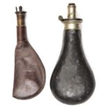 A leather covered powder flask, WM patent top ‘Quick Loading Fireproof’ by ‘James Dixon & Sons