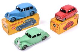 3 Dinky Toys. Riley Saloon (40a) in light green with green wheels. A Triumph 1800 Saloon (151) in
