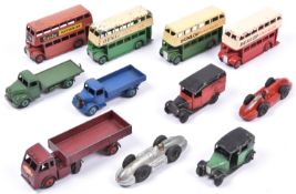 13 Dinky Toys. 2x Royal Mail Van (34b), in red and black with black wheels. Taxi (36g), in green and
