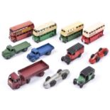 13 Dinky Toys. 2x Royal Mail Van (34b), in red and black with black wheels. Taxi (36g), in green and