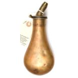 A plain brass powder flask with sloping charger, ‘Patent’ sprung brass top with unmarked 4