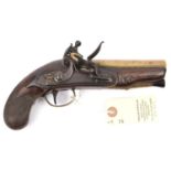 A brass barrelled 20 bore flintlock travelling pistol c 1820, utilising some earlier parts, 8½”