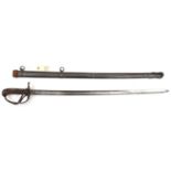 An 1821 pattern light cavalry trooper’s sword, slightly curved, fullered blade 31”, regulation steel