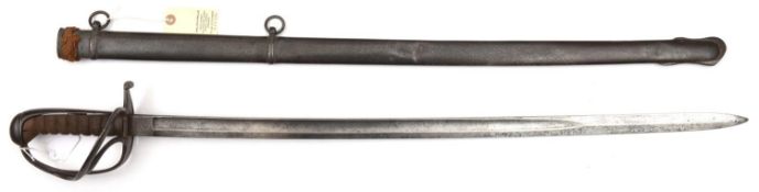 An 1821 pattern light cavalry trooper’s sword, slightly curved, fullered blade 31”, regulation steel