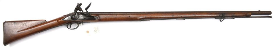 A 10 bore India Pattern Brown Bess flintlock musket, c 1800, 55” overall, barrel 39” with ordnance