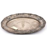 An oval plated dish, 19” x 12”, with gadrooned edges, engraved in the centre ‘Deutsche Zeppelin-