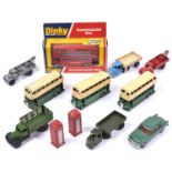 12 Dinky Toys vehicles. 2x Routemaster Bus (289). Both in red livery, one with 'Visit Madame
