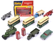 12 Dinky Toys vehicles. 2x Routemaster Bus (289). Both in red livery, one with 'Visit Madame