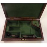 An old darkwood box, adapted to take an unusual shaped pistol, baize lined compartments,