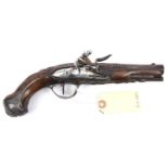 A French 28 bore silver mounted flintlock travelling pistol, c 1770, 10” overall, 3 stage barrel
