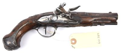 A French 28 bore silver mounted flintlock travelling pistol, c 1770, 10” overall, 3 stage barrel