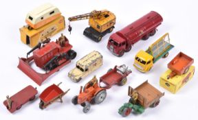 Quantity of Dinky Toys, some for restoration. Caravan in cream & yellow, Land Rover trailer, Small