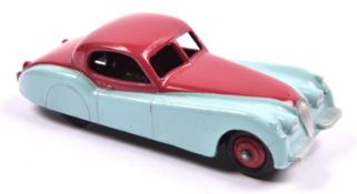 Dinky Toys Jaguar XK120. An example in cerise and light turquoise with red wheels and black tyres.