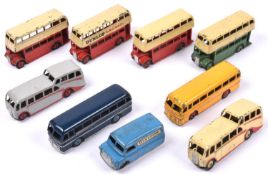9 Dinky Toys. Bedford CA van, Ovaltine. 2x Observation coaches, cream-red flash and grey with red