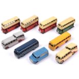 9 Dinky Toys. Bedford CA van, Ovaltine. 2x Observation coaches, cream-red flash and grey with red