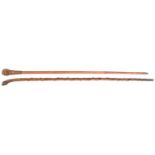 A slender malacca walking cane, cord woven/bound, knopped grip, brass ferrule, 33” overall; and a