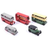 5 Dinky Toys public transport vehicles. 3x double deck buses. 2 AEC with cutaway mudguards, red/grey