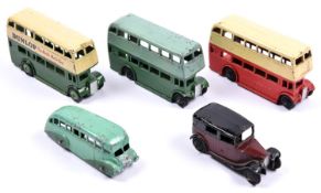 5 Dinky Toys public transport vehicles. 3x double deck buses. 2 AEC with cutaway mudguards, red/