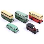 5 Dinky Toys public transport vehicles. 3x double deck buses. 2 AEC with cutaway mudguards, red/