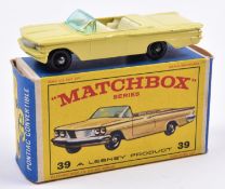 Matchbox Series No.39 Pontiac Convertible. In lemon yellow with white interior, black plastic wheels