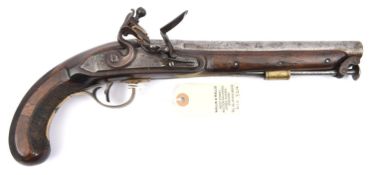 An officer’s 16 bore flintlock holster pistol by H Nock, c 1790, 15” overall, barrel 9” with break
