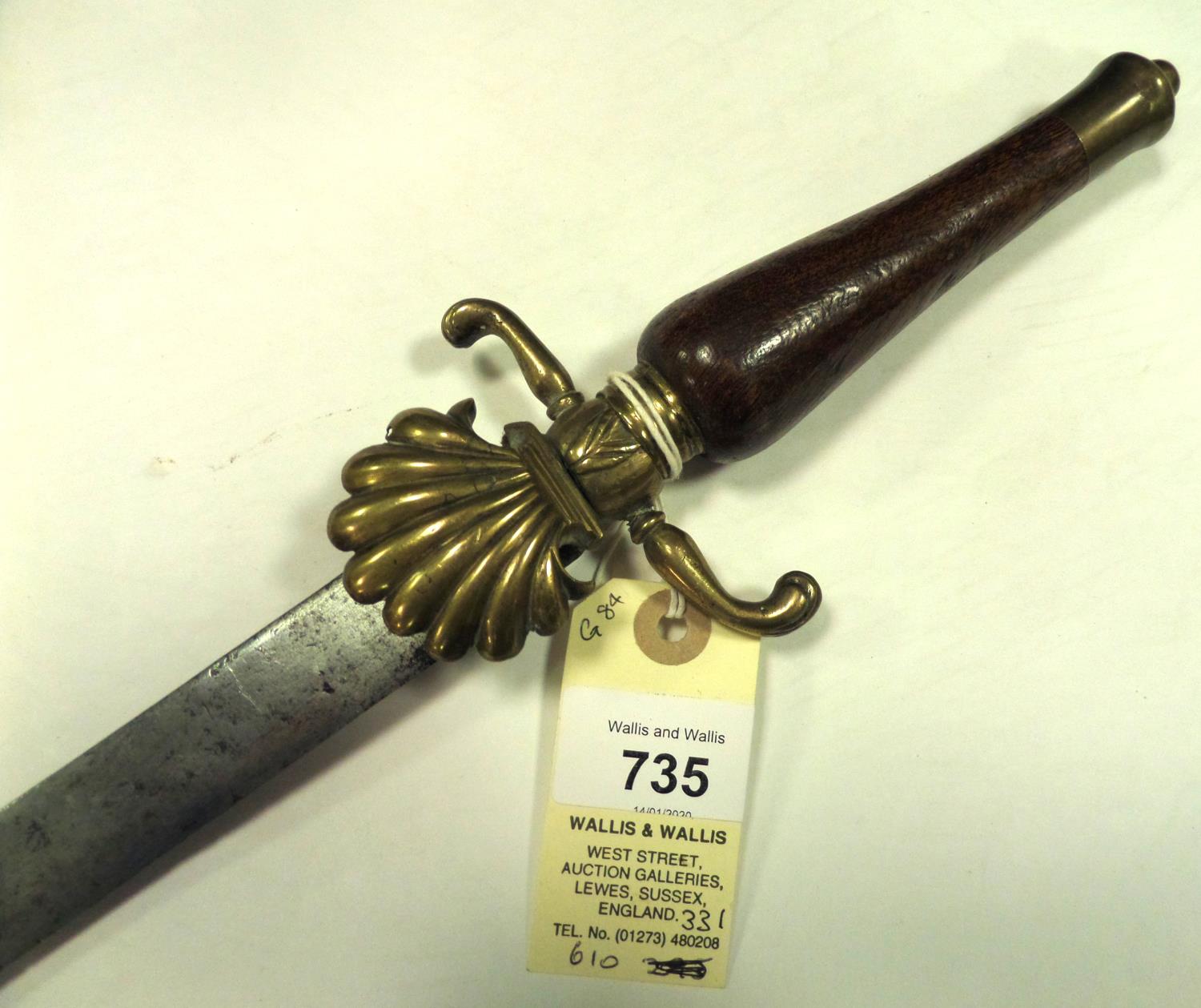 A plug bayonet, blade 15”, DE for half its length, small brass shell guard, lower mount to flattened