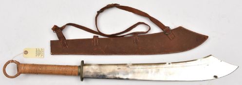 A Chinese Boxer Rebellion style sword, plated blade 21½”, cane bound hilt, in open leather sheath