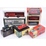 7 Various Makes. An Italian Old Cars Ferrari Racing Car Transporter in red with sponsors adverts