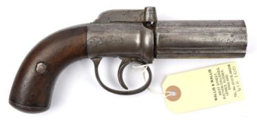 A 6 shot 160 bore self cocking bar hammer percussion pepperbox revolver, 7¾” overall, barrels 3”,