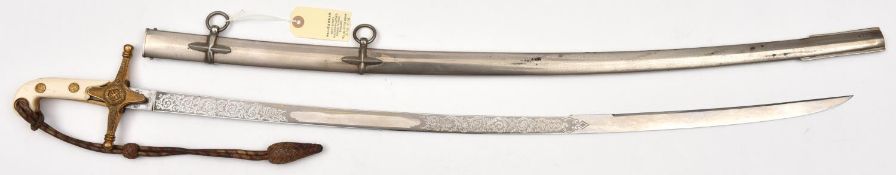 A General officer’s mameluke hilted sword, curved plated blade 32½”, DE at point, etched with