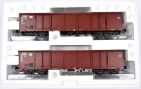 A Gauge One, 45mm, Hubner freight wagon set comprising 2x Deutsche Bahn Eaos-106 Guterwagen / open