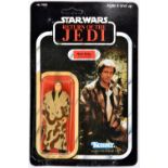 A Kenner Star Wars Return of the Jedi Han Solo (in Trench Coat) vintage 3.75" figure. On a sealed