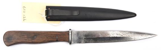 A WWI German trench knife, blade 5¾” DE towards point, small integral crossguard, shaped darkwood