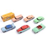6 Dinky Toys. Nash Rambler in pink with blue flash and cream wheels. Ford Sedan lo-line in pink with