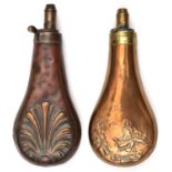 A copper powder flask ‘Shell and Bush’ (Riling 367), common brass top by Dixon & Sons, 7¾”, and