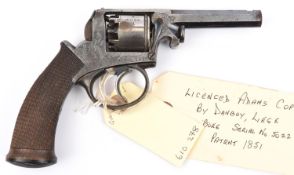 A Belgian license made 5 shot 160 bore Adams Model 1851 self cocking percussion pocket revolver,