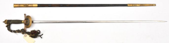 An Ed VII diplomat’s sword, slender blade, 31½”, by ‘J.R.Gaunt & Son. late Edward Thurkle, 53