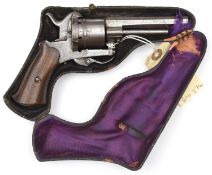 A Belgian 6 shot 7mm open frame DA pinfire revolver, 6¾” overall, octagonal barrel 4½”, Liege