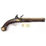 A 20 bore brass barrelled flintlock holster pistol by Bunney, c 1785, 14¾” overall, 2 stage barrel