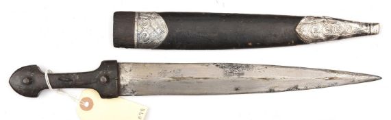 A Kindjal, plain shallow diamond section blade, 11”, horn grips secured by 3 studs, leather