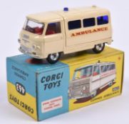 Corgi Toys Commer Ambulance (463). An example in cream with red interior and dark blue windows,