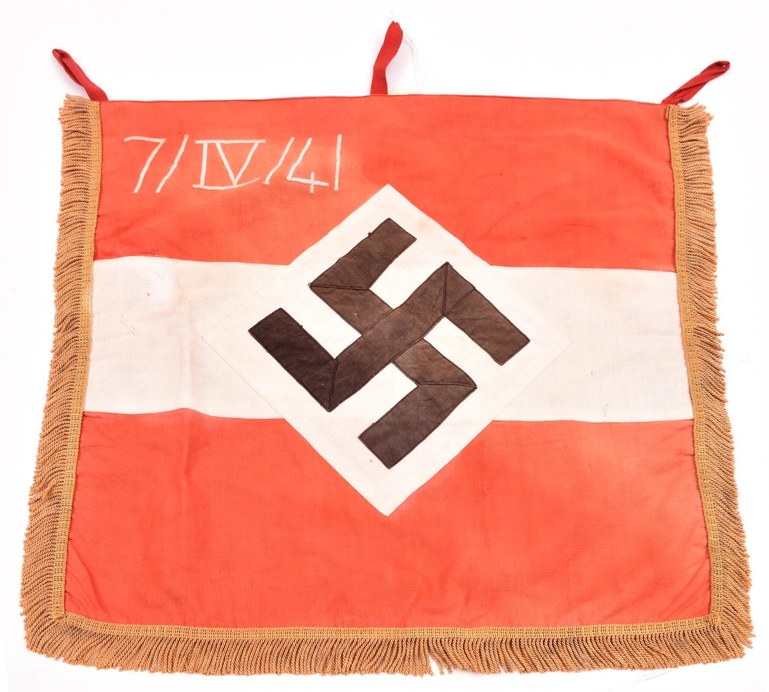 A Third Reich Hitler Youth double sided trumpet banner, with applied devices, embroidered in the top