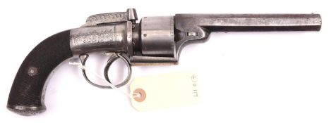 A 6 shot 54 bore open frame bar hammer self cocking transitional percussion revolver, 12” overall,