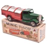 Tri-ang Minic tinplate clockwork Dust Cart 32M. A normal control cab in dark green with green
